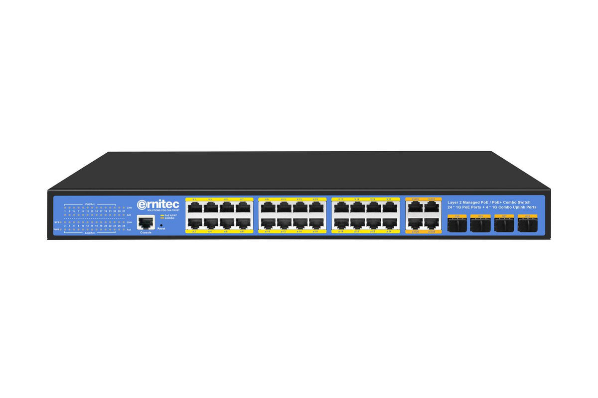 Ernitec 28-Port Gigabit Managed Layer 2+ PoE Switch, 24 Gigabit ports, 4 Gigabit SFP ports, 4 x Gigabit RJ45 ports, 1 x console port
