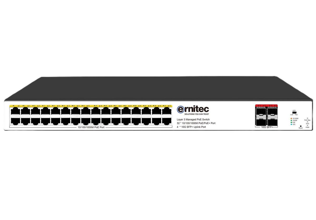 Ernitec 36-Port Gigabit Managed Layer 3 PoE Switch, 32 Gigabit ports, 4 10 Gigabit SFP+ ports, 1 x console port