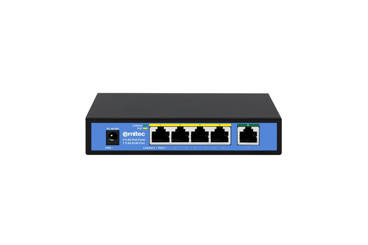 Ernitec 5-Port 2.5 Gigabit Unmanaged Intelligent PoE Switch, 4 PoE 2.5 Gigabit RJ45 ports, 1 x 2.5Gbps RJ45 port - PoE 58W