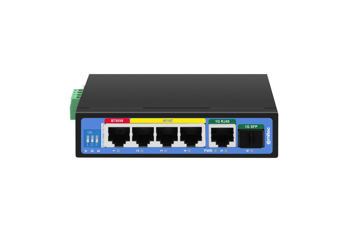 Ernitec 6-port 1000Mbps Intelligent Industrial PoE Switch, 1* 1000Mbps uplink RJ45 port+1 *1000Mbps uplink SFP port - up to 120W PoE