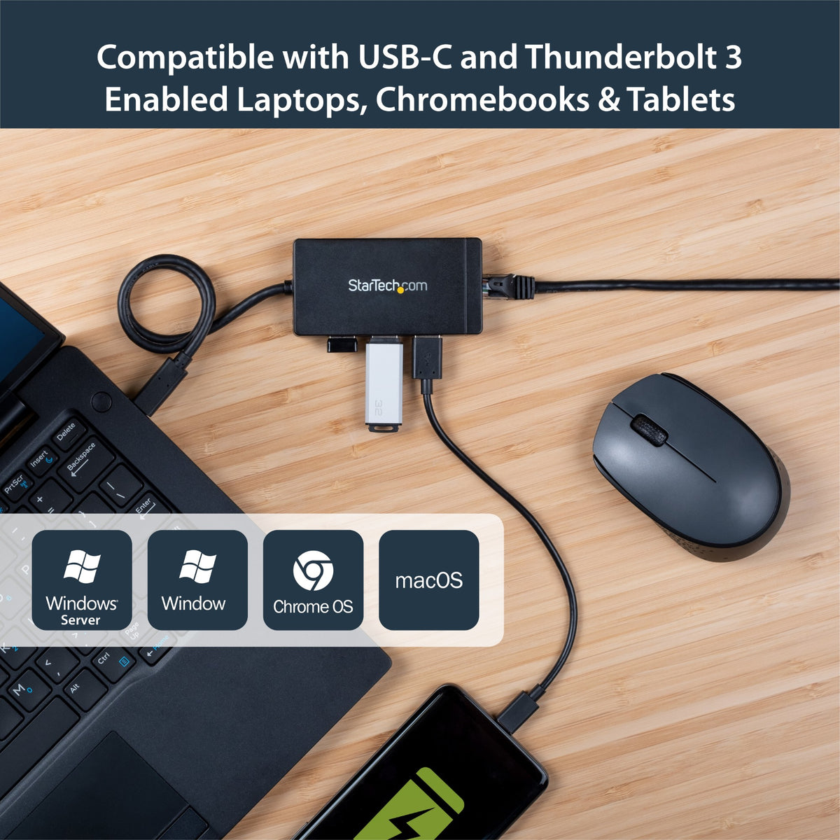 StarTech.com 3-Port USB-C Hub with Gigabit Ethernet - USB-C to 3x USB-A - USB 3.0 (5Gbps) - Includes Power Adapter - TAA