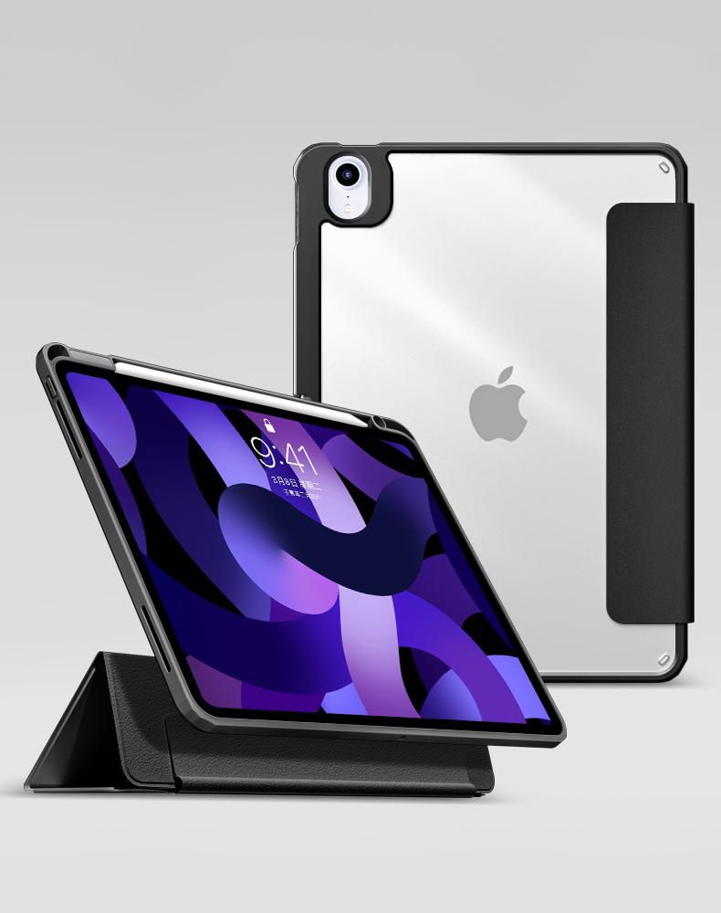 eSTUFF iPad 11th/10th gen BOSTON Detachable Mirror Pencil Case. Black front/Transparent back. Corner protection