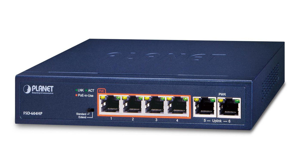 Planet 4-Port 10/100TX 802.3at POE + 2-Port 10/100TX Desktop Switch (60W POE Budget, 250m Extend mode, fanless, internal Power Supply)