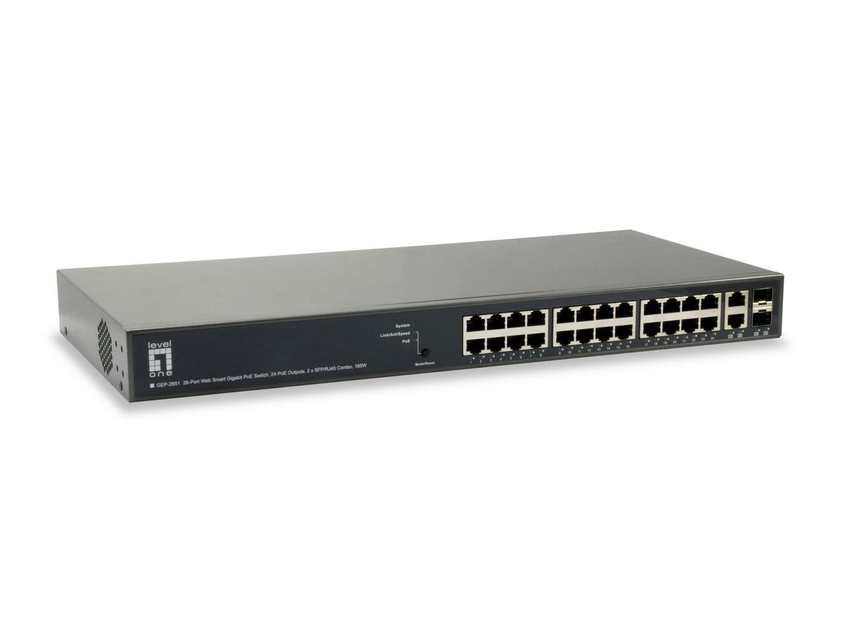 LevelOne 26-P.Web Smart-GB-PoE-Switch TURING 26-Port Web Smart Gigabit PoE Switch, 24 PoE Outputs, 2 x SFP/RJ45 Combo, 185W, 802.3at/af PoE,
