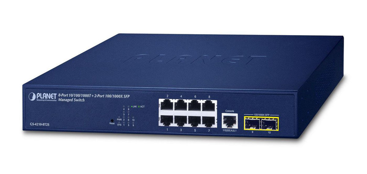 Planet IPv4/IPv6, 8-Port 10/100/1000T + 2-Port 100/1000X SFP L2/L4 SNMP Manageable Gigabit Ethernet Switch, 12-inch