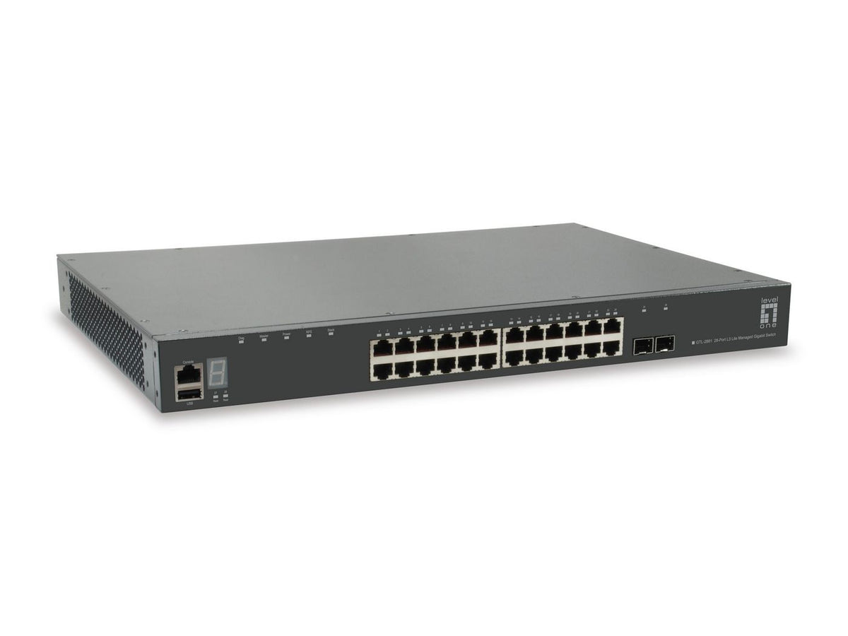 LevelOne 28-Port-Stackable-L3-Switch KILBY 28-Port Stackable L3 Lite Managed Gigabit Switch, 2 x 10GbE SFP+, 1 x 10GbE Module Slot, Managed,