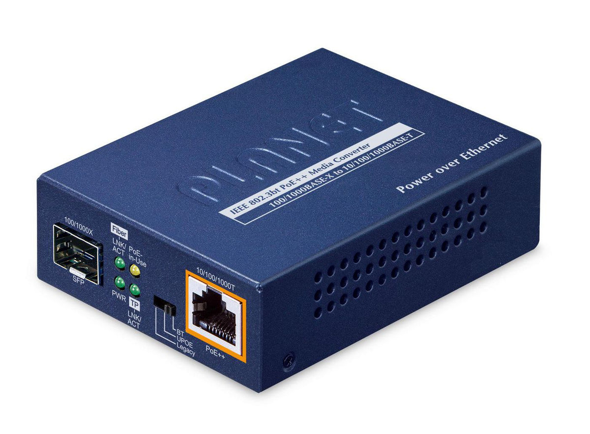 Planet 1-Port 100/1000X SFP to 1-Port 10/100/1000T 802.3bt PoE++ Media Converter -w/external power adapter included