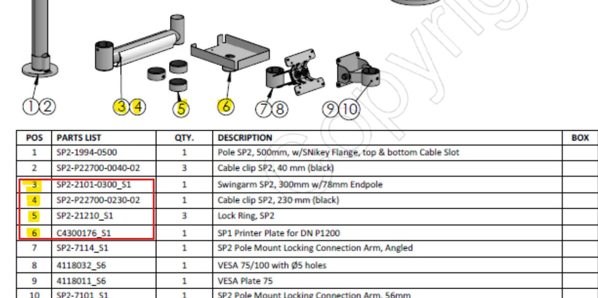 Ergonomic Solutions KIT: Swingarm AP2,Cable Clip SP2, Lock Ring SP", SP1 Printer plate for DN P1200 -BLACK-