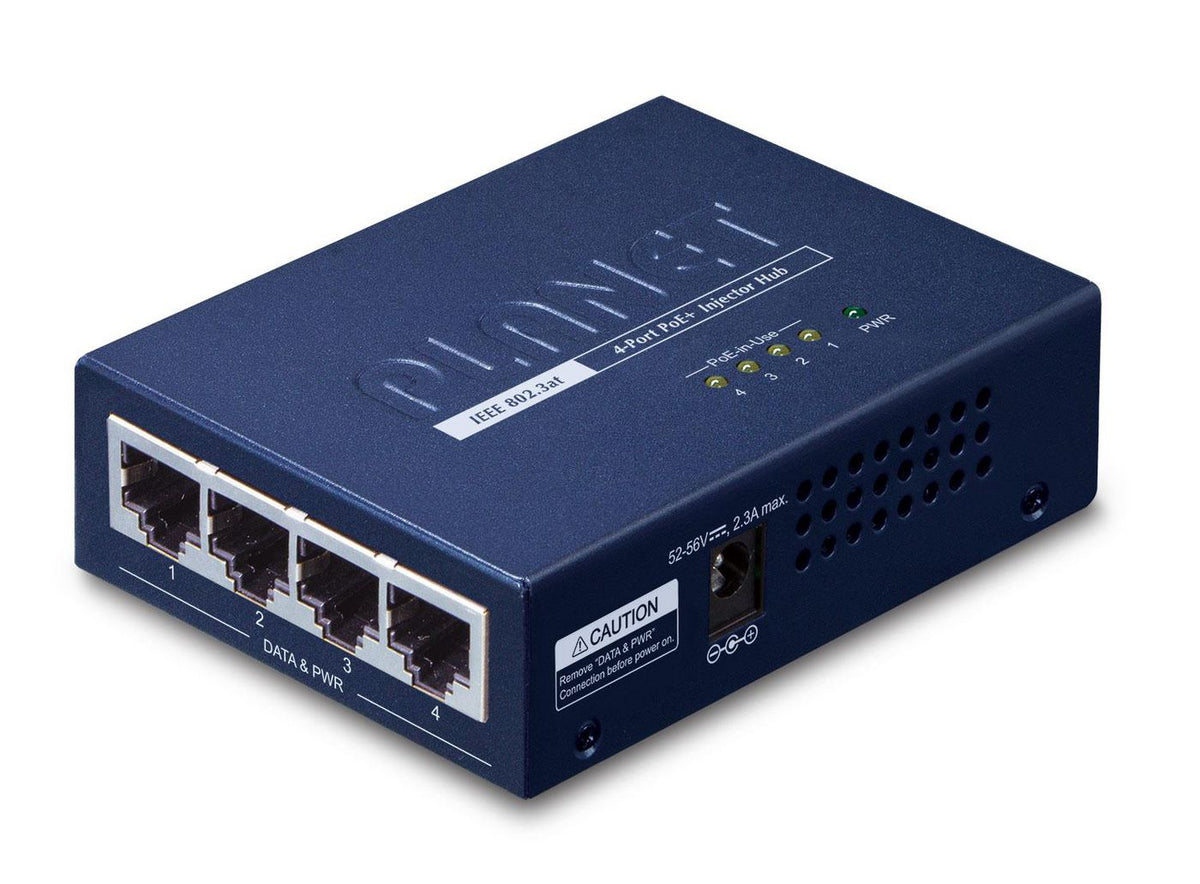 Planet 4-Port 802.3at 30W High Power over Ethernet Injector Hub - 120W External Power Adapter
