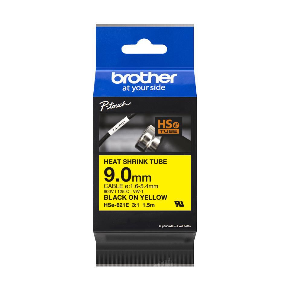 Brother HSe-621E Heat shrink tube - Black on Yellow, 9.0 mm (For diameter 1.6 to 5.4 mm)