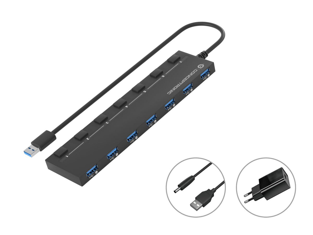 Conceptronic 7-Port Usb 3.0 Hub With Power Adapter, 90Cm Cable, Individual Power Switch, Usb 3.2 Gen 1