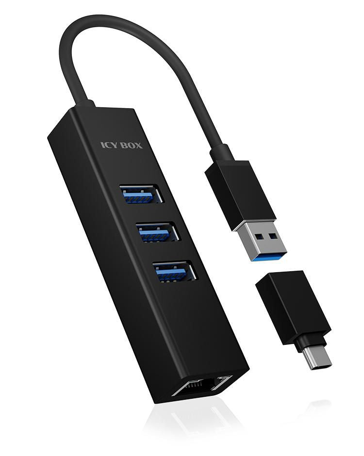 ICY BOX IB-HUB1419-LAN interface hub USB 3.2 Gen 1 (3.1 Gen 1) Type-A Black ICY BOX IB-HUB1419-LAN, USB 3.2 Gen 1 (3.1 Gen 1) Type-A, RJ-45,