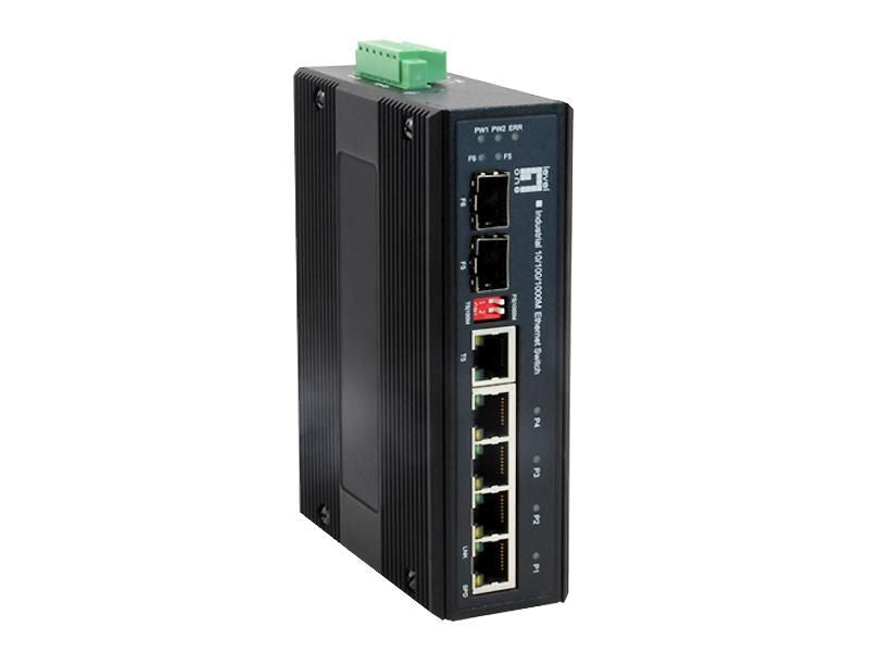 LevelOne Ind.Gigabit Ethernet Switch 6-Port Gigabit Industrial Switch, 1 x SFP, 1 x SFP/RJ45 Combo, -40°C to 75°C, DIN-Rail, Gigabit Ethernet