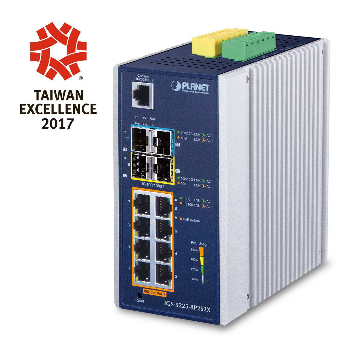 Planet IP30 Industrial L2+/L4 8-Port 1000T 802.3at PoE+ 2-port 100/1000X SFP + 2-port 10G SFP+ Full Managed Switch (-40 to 75 C, dual redundant