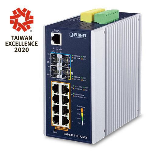 Planet IP30 DIN-rail Industrial L3 8P 10/100/1000T 802.3bt PoE + 2-port 100/1000X SFP + 2-Port 10G SFP+ Full Managed Switch