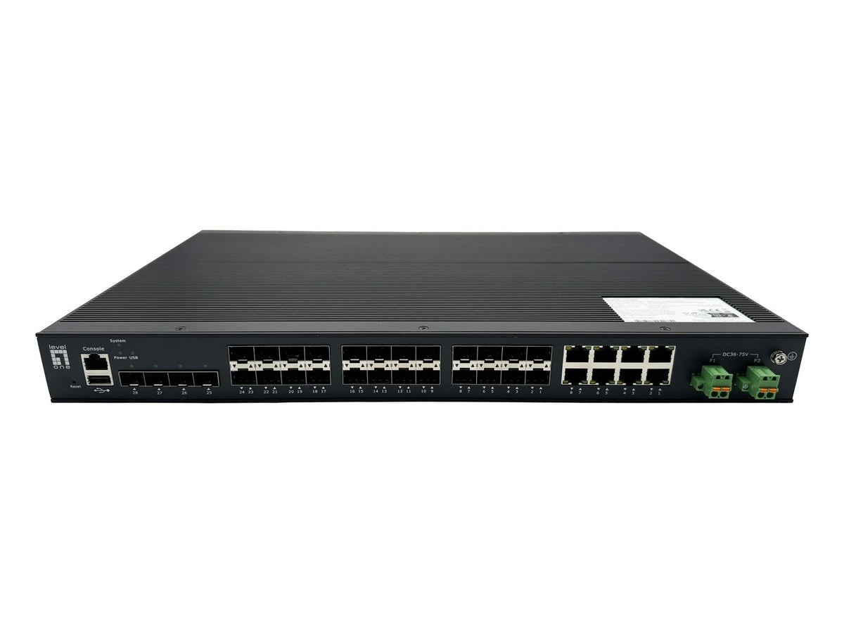 LevelOne 28-Port L2 Plus Managed Gigabit Fiber Industrial Switch, 4X 1.25/2.5Gbe Sfp, 16X 1.25Gbe Sfp, 8X Gigabit Sfp/Rj45 Combo,