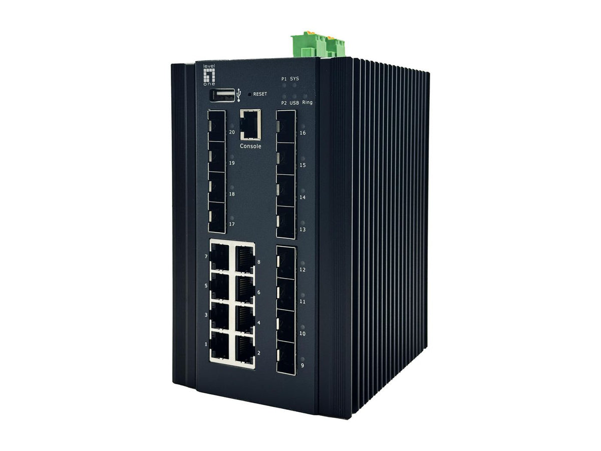 LevelOne 20-Port L2 Plus Managed Industrial Switch, 8 X 1Gbe Rj45, 8 X 1Gbe Sfp, 4 X 1/2.5/10Gbe Sfp+, Din-Rail, -40°C To 80°C