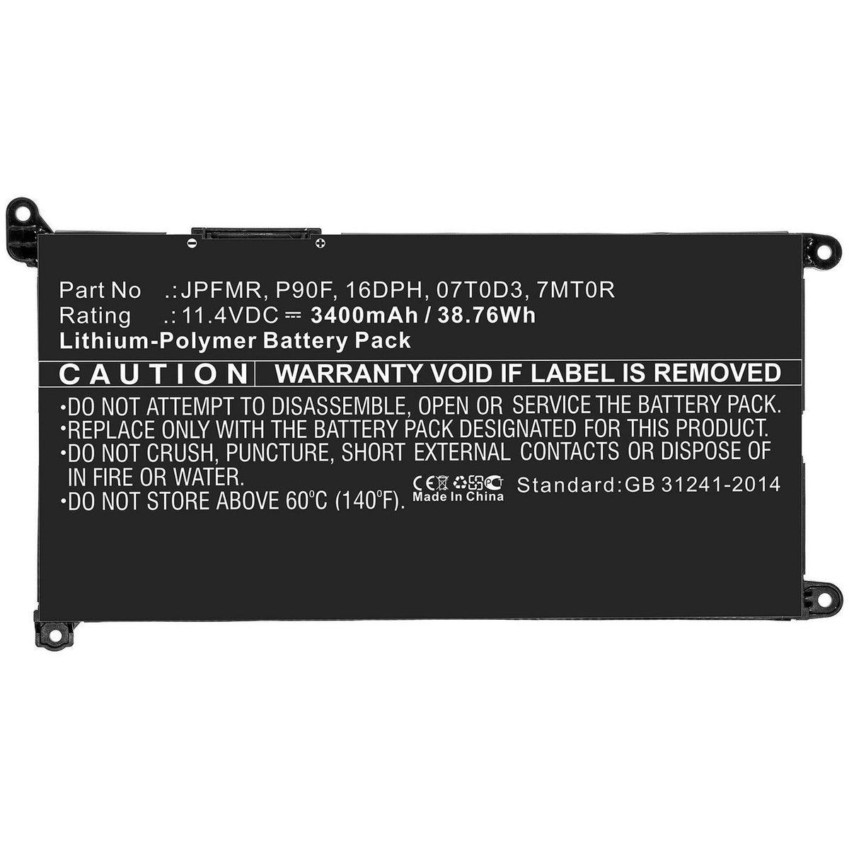CoreParts Laptop Battery for Dell 41.04Wh 11.4V 3600mAh 41Wh Li-Pol 11.4V 3600mAh Black for Dell Notebook, Inspiron 14 5490 5491 5493