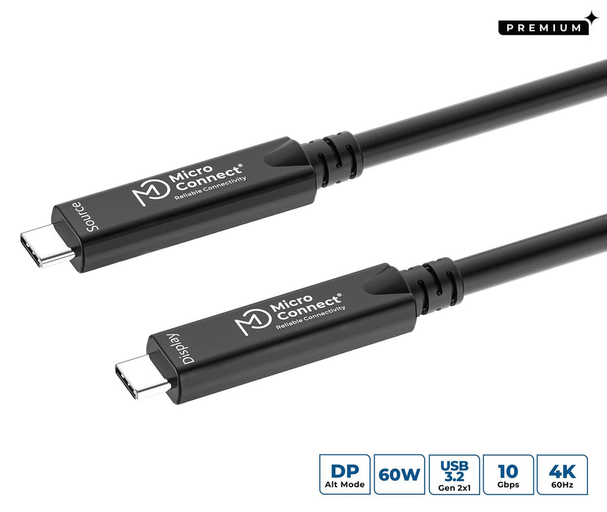 MicroConnect USB-C to USB-C cable 5m, Premium fiber, Bidirectional. 10Gbps, 8K, 60W Premium Optic Fiber USB-C 3.2 Gen2x1 Bidirectional Cable, DP