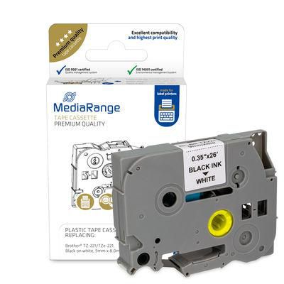 MediaRange Plastic Tape Cassette, For Label Printers Using Brother Tz-221/Tze-221, Permanent Adhesive, 9Mm, 8M, Laminated, Black On White