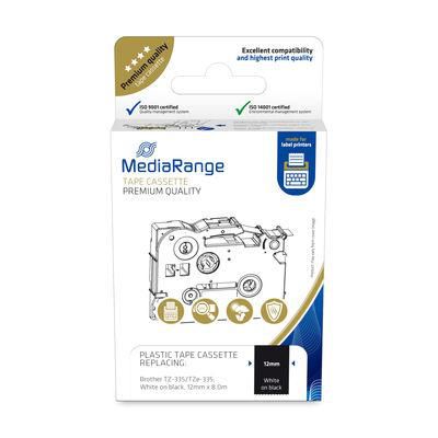 MediaRange Plastic Tape Cassette, For Label Printers Using Brother Tz-335/Tze-335, Permanent Adhesive, 12Mm, 8M, Laminated, White On Black
