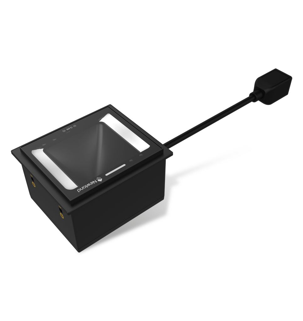 Newland FM3281 2D Mega Pixel Fixed Mounted Reader, NFC, IP67 with 2 mtr. RS232 extension cable and multiplug power adapter.