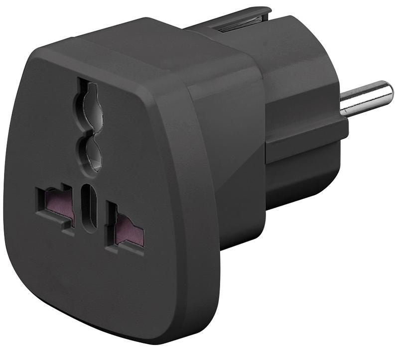 MicroConnect Universal Travel adapter black work to UK, US, DK, CH, IT. This adapter doesn't convert line voltage!