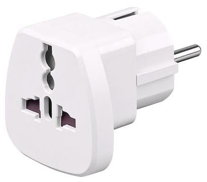 MicroConnect Universal Travel adapter white work to UK, US, DK, CH, IT. This adapter doesn't convert line voltage!