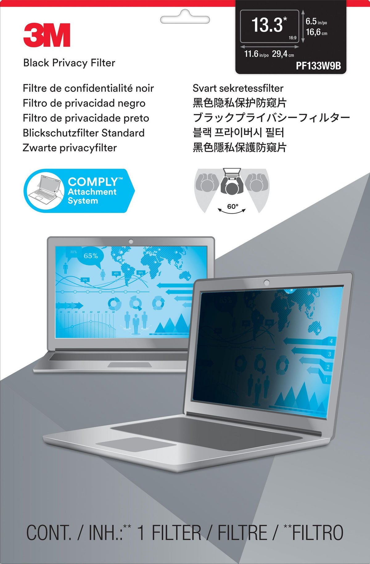 3M Privacy Filter 13.3" 16:9 COMPLY AntiGlare, Frameless, Black Viewing Area 294 mm x 166 mm