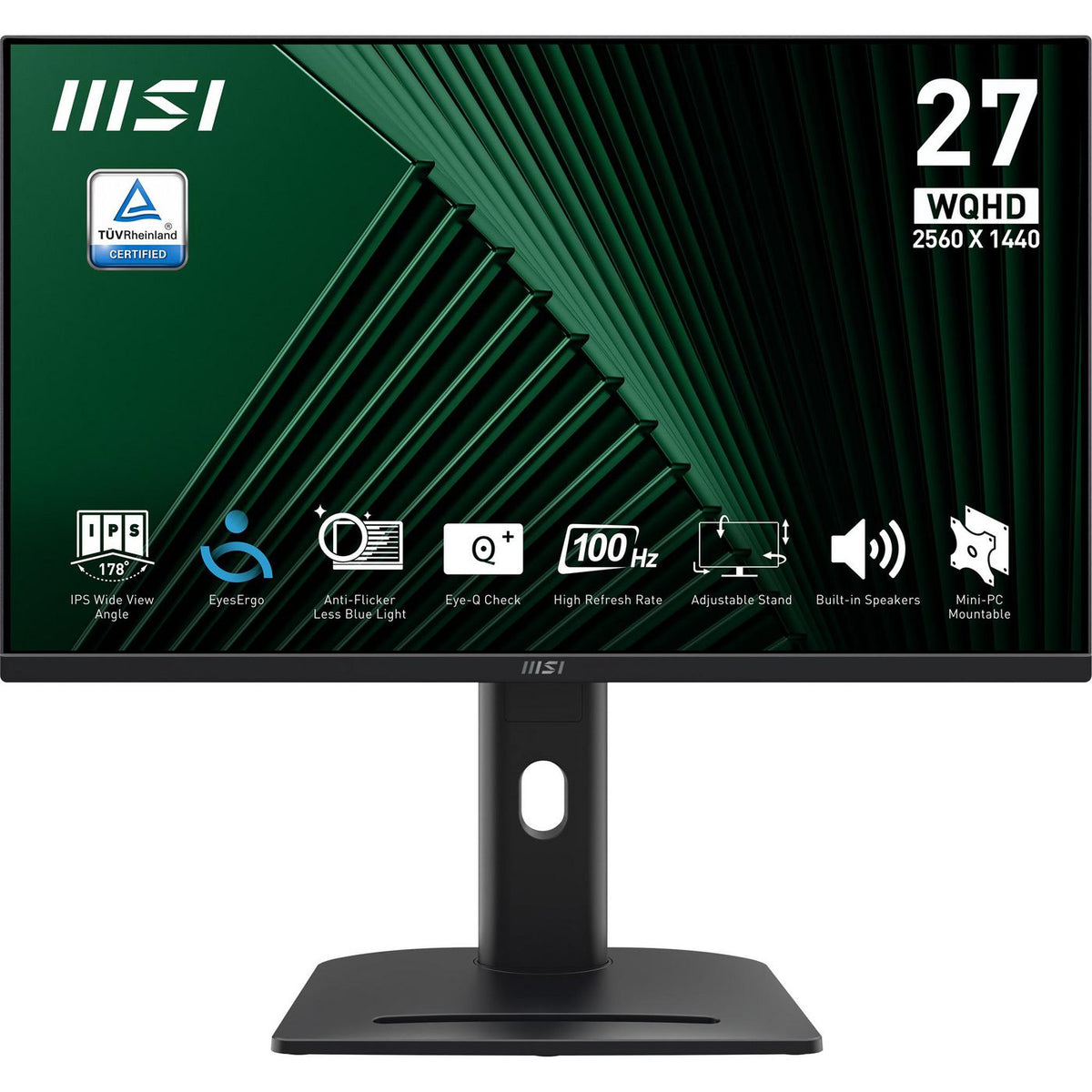 MSI 27 Inch Monitor, Qhd (2560 X 1440), 100Hz, Ips, 1Ms, 2X Hdmi 2.0B, 1X Dp 1.2A Output, Built-In Speakers, Anti-Glare, Anti-Flicker, Less