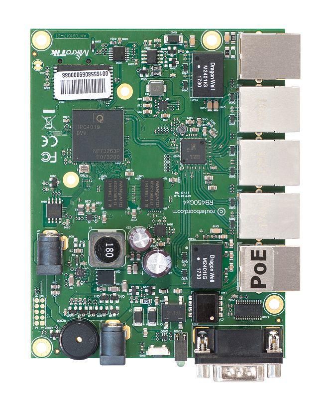 MikroTik RouterBOARD 450Gx4 with four core 716MHz Atheros CPU, 1 GB RAM, 5 Gigabit LAN ports,