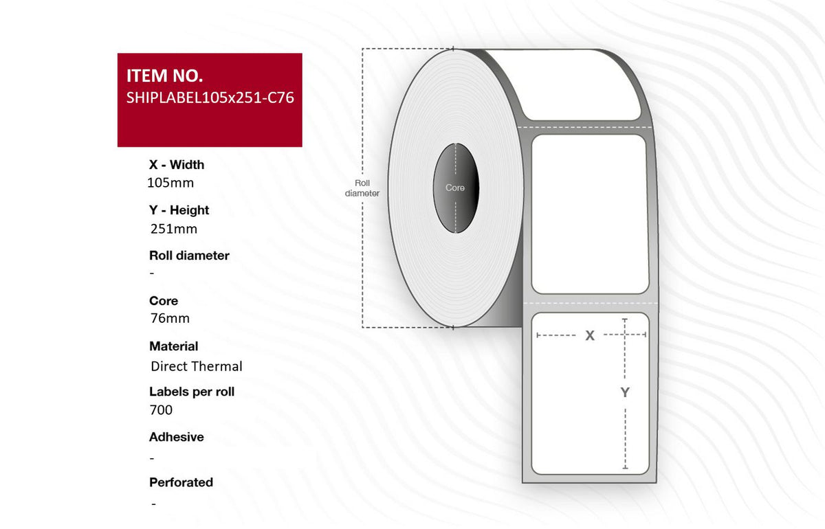 Capture Ship-label 105 x 251mm, Core 76mm. Direct Thermal, 700 labels per roll. 4 rolls per box