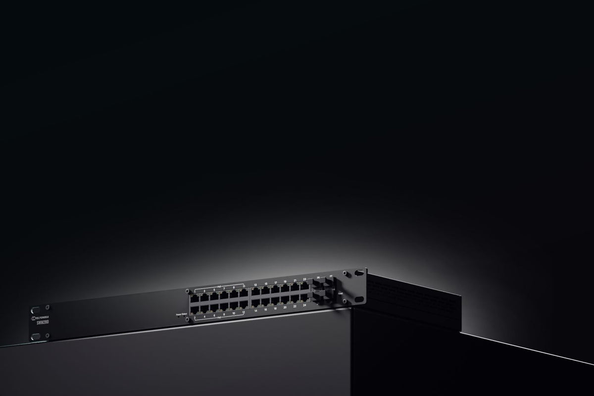 Teltonika Networks SWM280 24-ports rack mountable managed switch. 12 PoE+ ports, x4 SFP ports, included 2 years RMS management, PROFINET disabled by