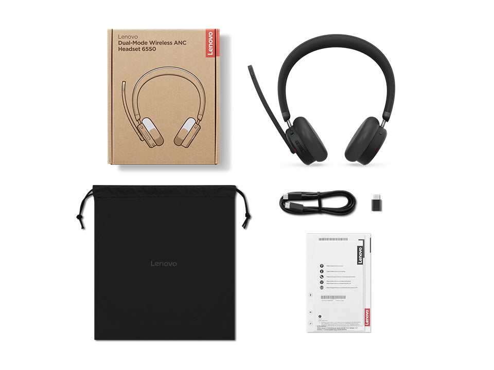 Lenovo 6550 Headset Wireless Head-band Office/Call center USB Type-C Bluetooth Black