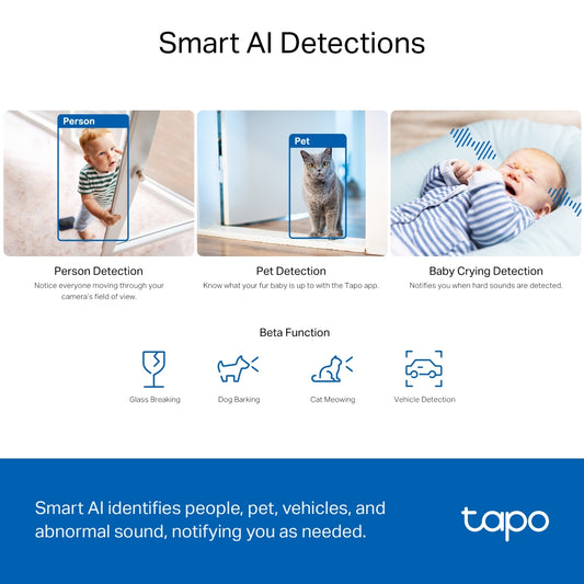 TP-Link Tapo Pan/Tilt AI Home Security Wi-Fi Camera SPEC: 3K 5MP (2880×1620), 2.4 GHz, Horizontal 360º