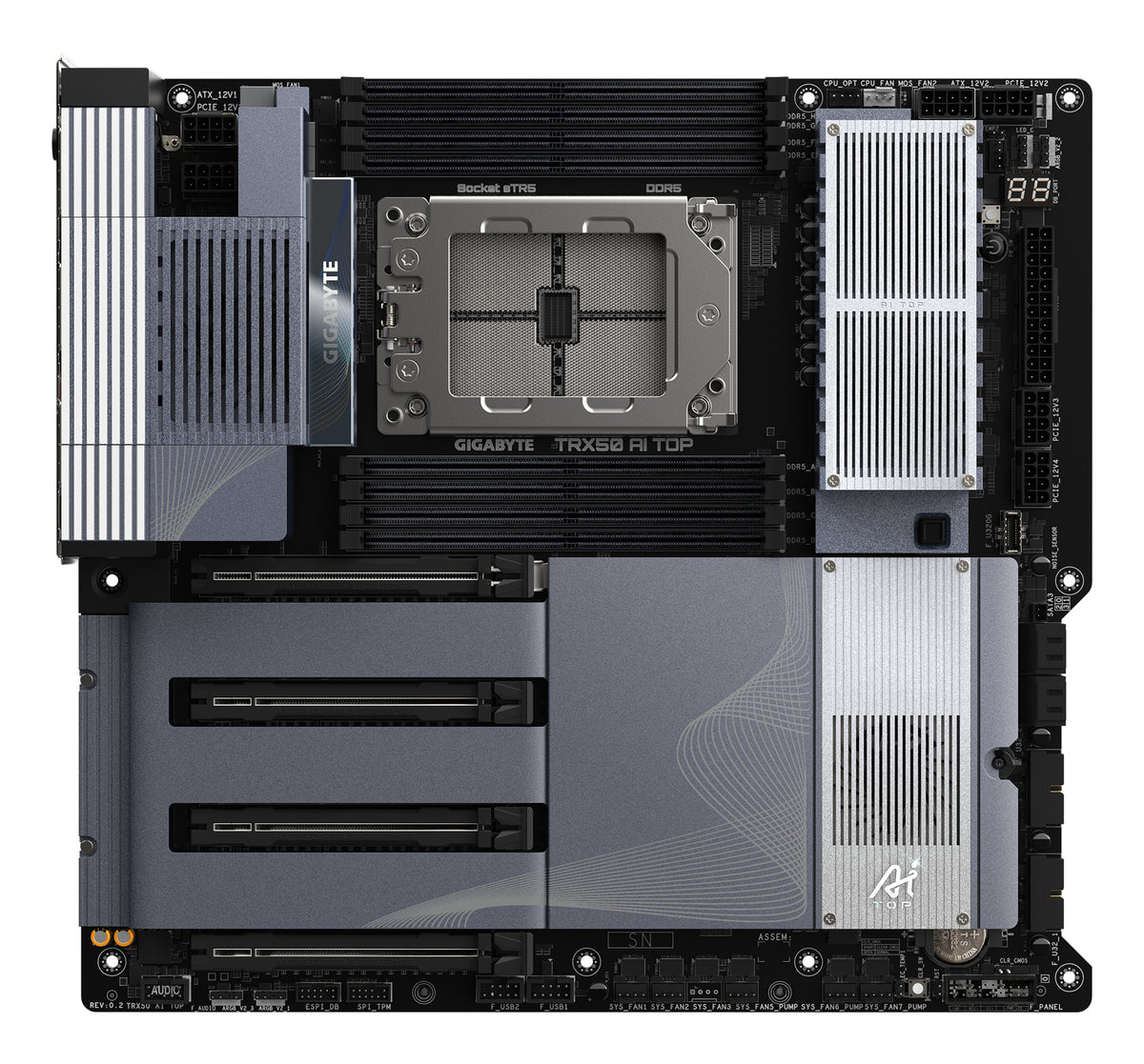 GIGABYTE TRX50 AI TOP-2B Motherboard - AMD Ryzen Threadripper PRO 7000 CPUs, 16+8+4 Phases Digital VRM, up to 5200 MHz DDR5, 4xPCIe 5.0 M.2, Wi-Fi 7, 10 GbE LAN, USB 4