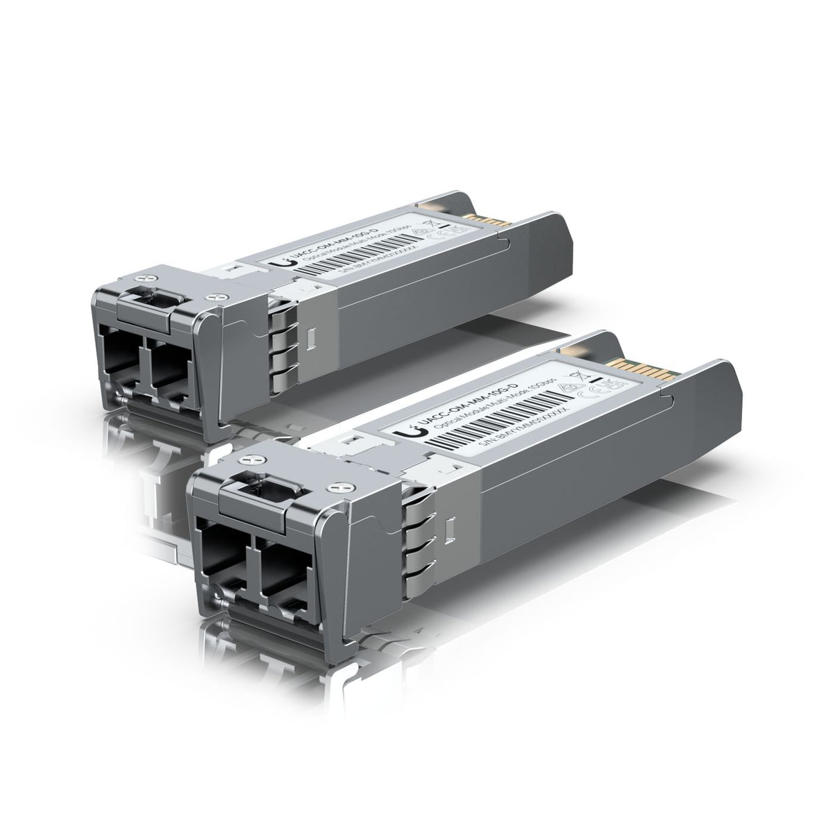 Ubiquiti SFP+ transceiver that supports 10G connections up to 300 m using multi-mode fiber with a duplex LC UPC connector.