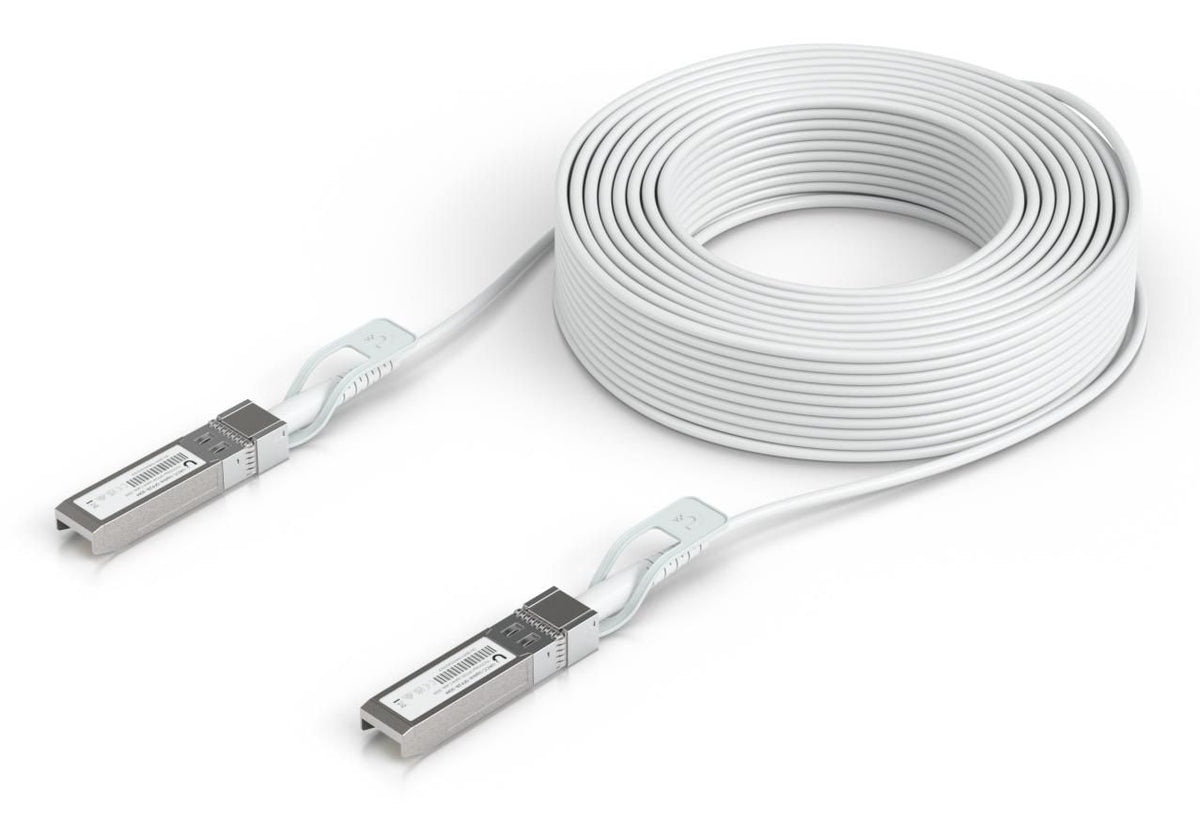Ubiquiti Direct attach cable with auto link optimization for seamless 1G SFP, 10G SFP+, and 25G SFP28 interconnects between UniFi devices.