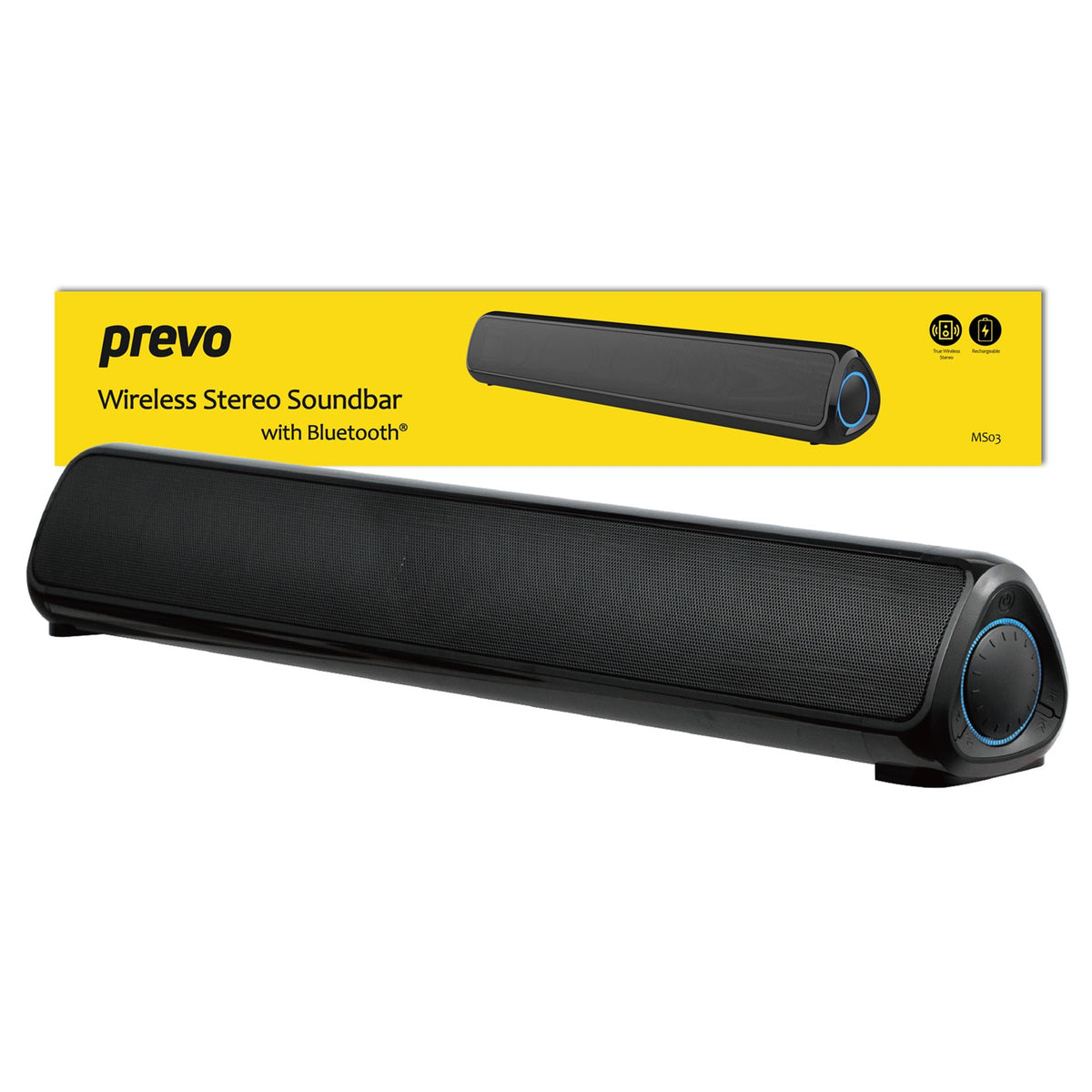 PREVO MS03 Wireless Stereo Soundbar with Bluetooth, USB & SD, Space-Saving Wireless Speaker for TV, Home Entertainment System, PC, Mobile Device & Gaming Consoles Black