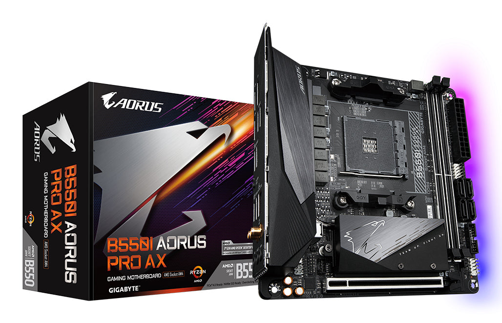 GIGABYTE B550I AORUS PRO AX Motherboard - AMD Ryzen 5000 CPUs, 8 Phases VRM, up to 5300MHz DDR4, 1xPCIe 4.0 + 1xPCIe 3.0 M.2, Wi-Fi 6E, 2.5GbE LAN, USB 3.2 Gen 2