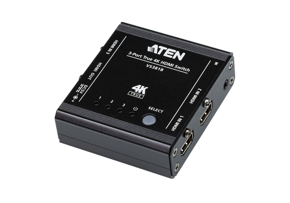 Aten 3-Port True HDMI Switch with IR Control and Pass-Through 3-Port True 4K HDMI Switch, HDMI, Black, Metal, 60 Hz, 5 m, 3840 x 2160,4096 x