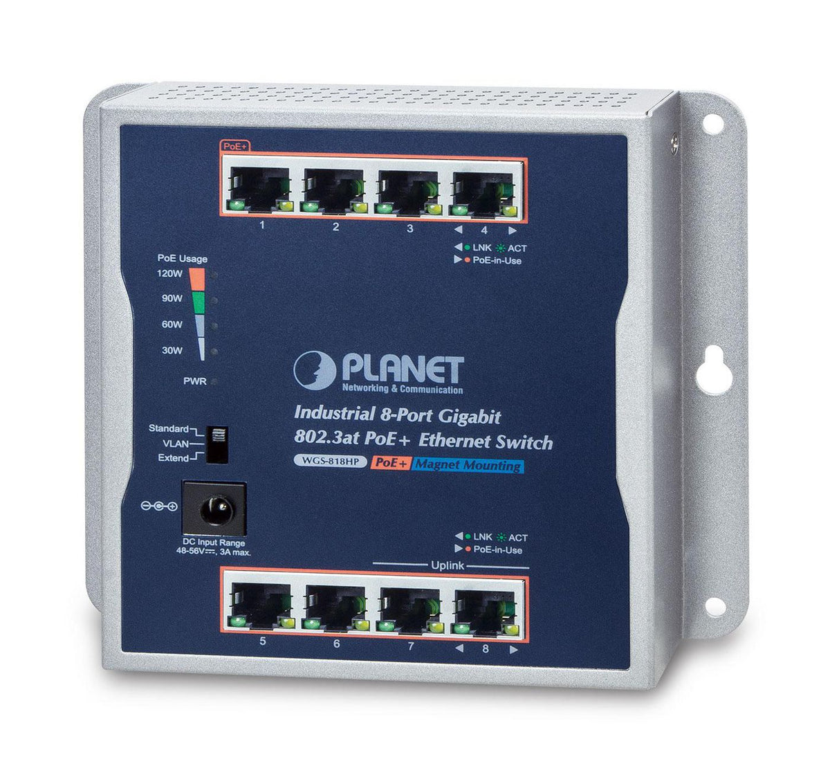 Planet IP30 Industrial 8-Port 10/100/1000T 802.3at PoE+ Wall-mount Gigabit Switch 54V 130W AC power adapter included IP30 Industrial