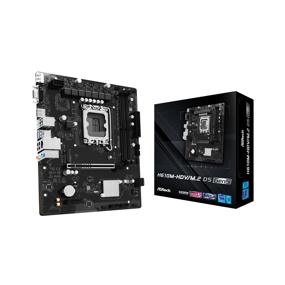 Asrock H610M-HDV/M.2 D5 Gen5 Intel 1700 Socket Motherboard, Micro-ATX, 2x DDR5 Slots, 1x M.2 Socket, GbE LAN, 1x D-Sub / 1x DisplayPort / 1x HDMI Port