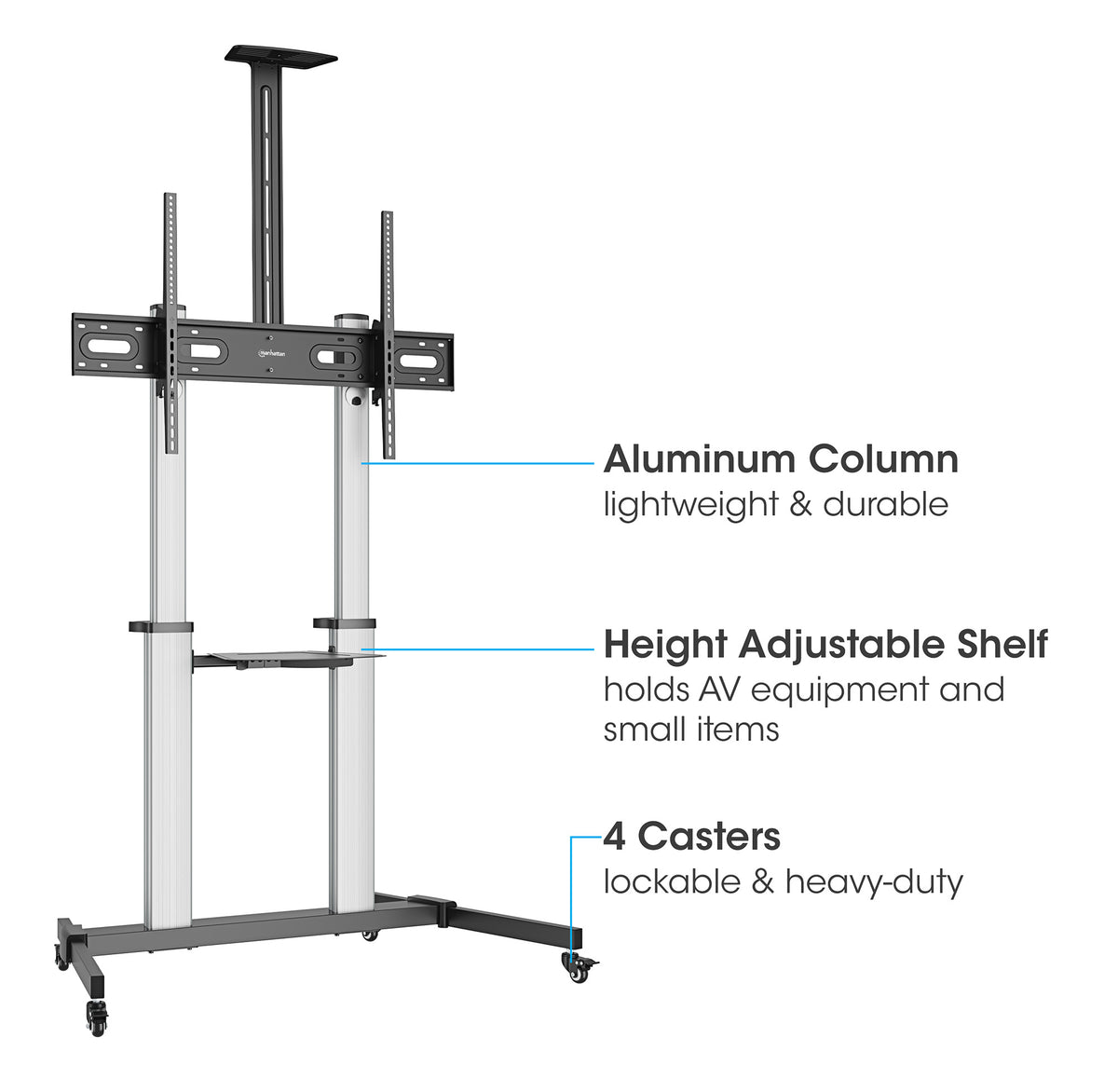 Manhattan Trolley Mount Stand for TV & Monitors, For screens: 37" to 100",VESA compatibility:all between 200x200 to 1000x600mm -check the dimensions of the four mounting holes on back of screen to ensure it fits,Max 80kg,Height adjustable 1200 to 1600mm,L