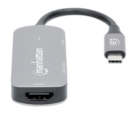 Manhattan USB-C Dock/Hub, Ports (x3): HDMI, USB-A and USB-C, with Power Delivery (PD) 100W- requires external USB-C charger (not included). USB powered (no external power supply required) when PD is not in use, Aluminium