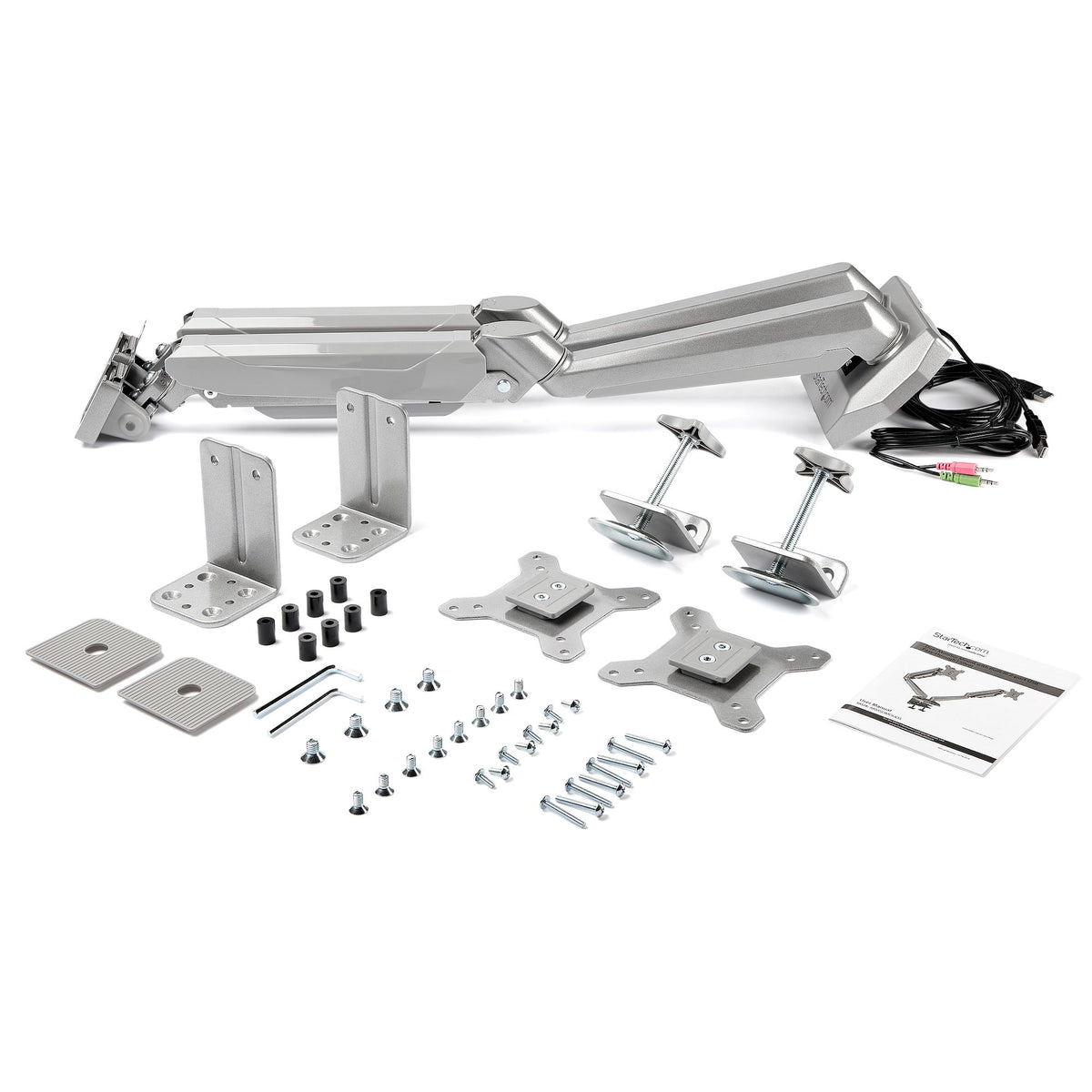StarTech.com Desk Mount Dual Monitor Arm with USB & Audio, Desk Clamp VESA Mount for up to 32" (17.6lb/8kg) Displays, Ergonomic Full Motion Dual Monitor Arm - Silver