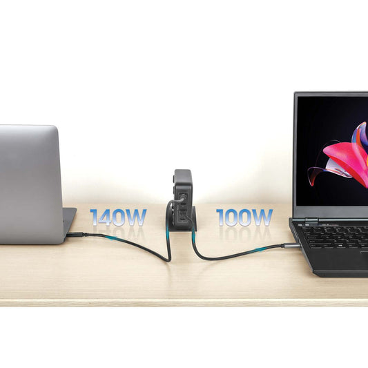 Manhattan Mains USB-C Laptop Charging Station 4-port, Universal charging for ALL laptops (incl power hungry gaming machines & equivalent) with ports to simultaneously charge phones/watches/earpods/etc, GaN, Each PD port up to 140W (Max 240W), UK Power cor