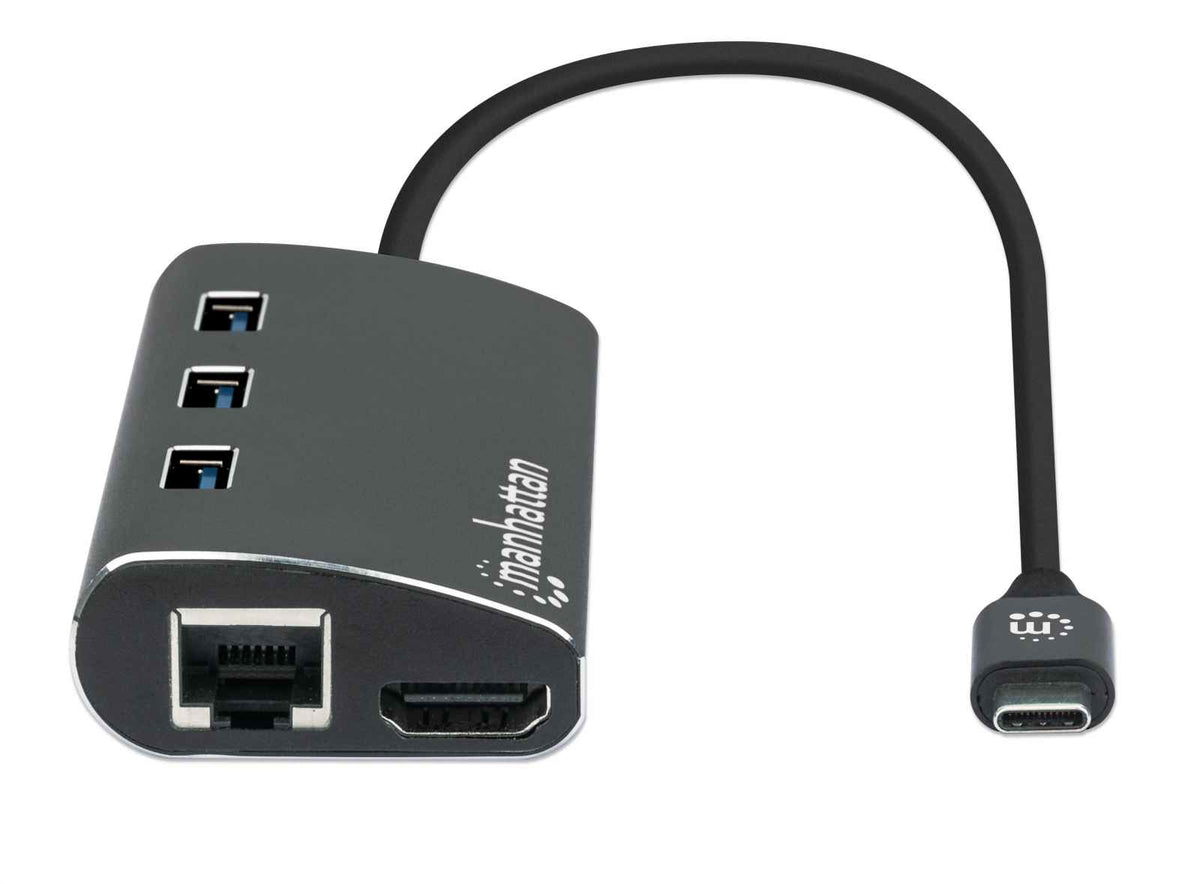 Manhattan USB-C Dock/Hub with Card Reader, Ports (x6): Ethernet, HDMI, USB-A (x3) and USB-C, With Power Delivery (100W) to USB-C Port (Note additional USB-C wall charger and USB-C cable needed), Universal for all devices, Aluminium, Equivalent to DKT30CSD