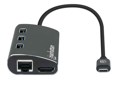 Manhattan USB-C Dock/Hub with Card Reader, Ports (x6): Ethernet, HDMI, USB-A (x3) and USB-C, With Power Delivery (100W) to USB-C Port (Note additional USB-C wall charger and USB-C cable needed), Universal for all devices, Aluminium, Equivalent to DKT30CSD