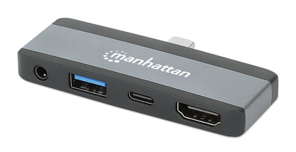 Manhattan USB-C Travel Dock/Hub, Ports (x4): HDMI, USB-A, USB-C and 3.5mm audio, With Power Delivery (100W) to USB-C Port, USB powered (no external power supply required)